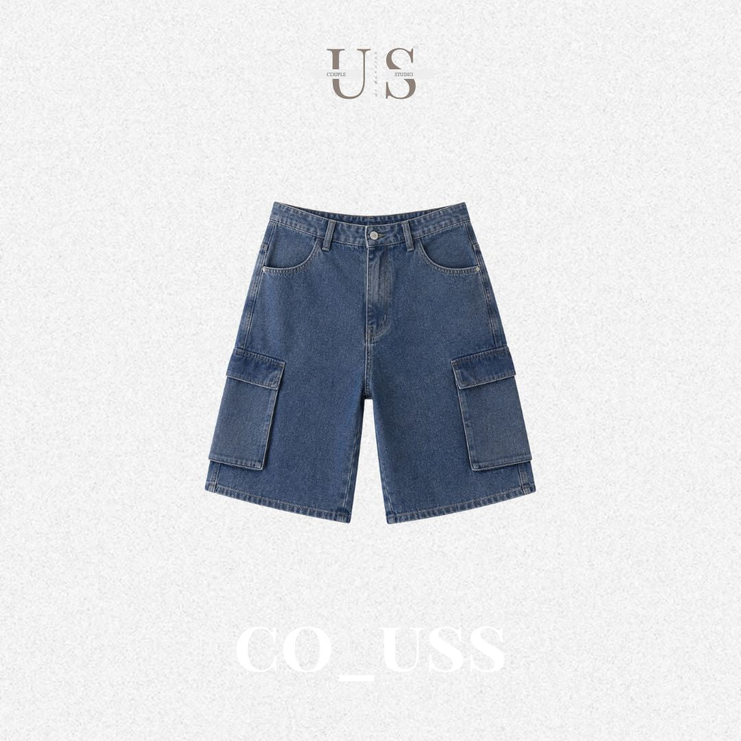 P0230American-style washed denim cargo shorts