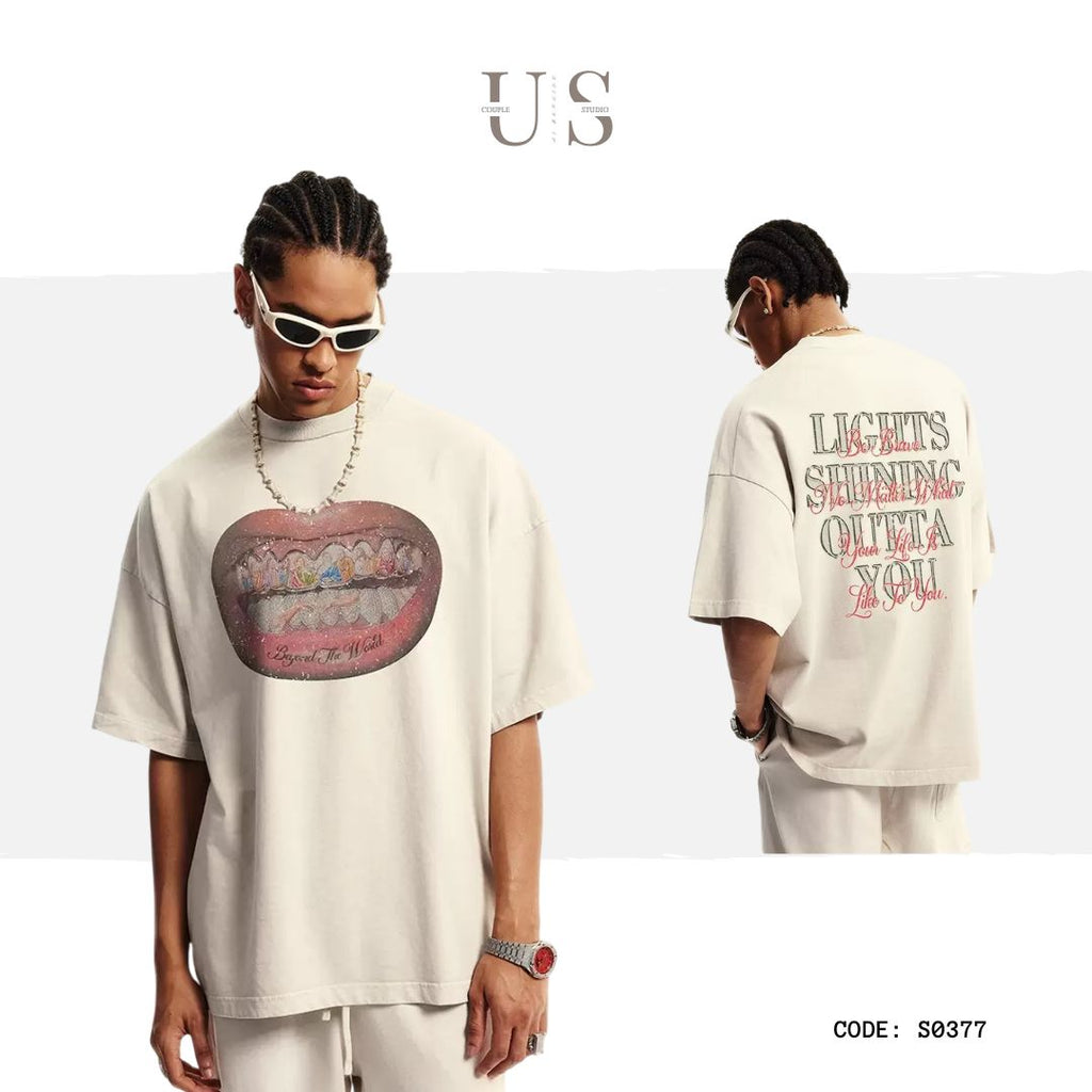 S0377 American style 310G heavyweight pure cotton loose loose trendy distressed print washed grey T-shirt