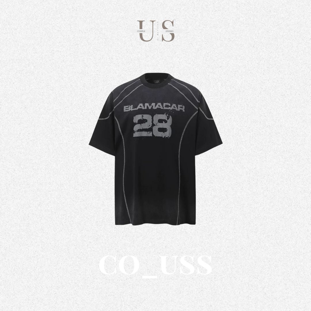 S0323 American retro spray paint reverse cut design short sleeve men's trendy couple loose letter lazy style half sleeve t-shirt