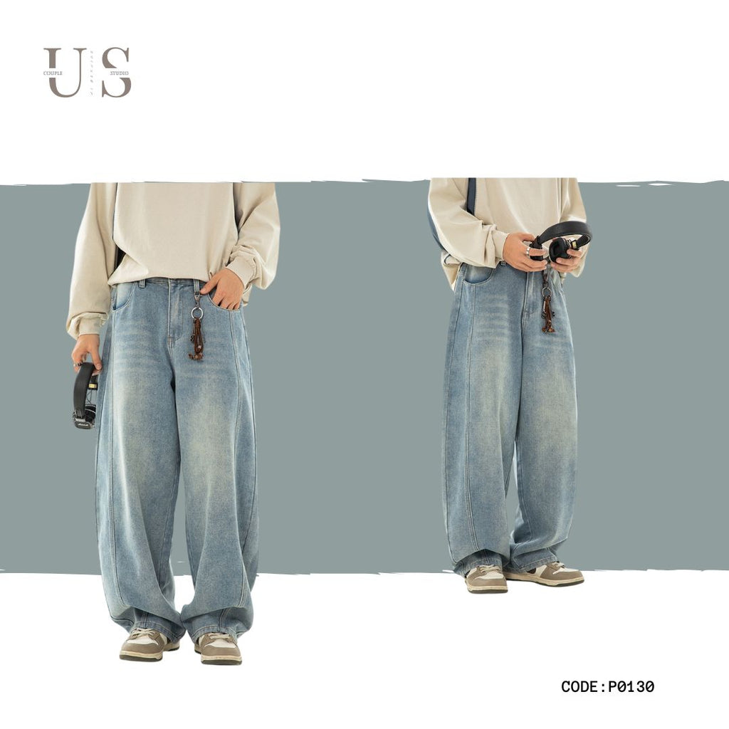P0130 American retro washed split structure design scimitar loose denim trousers