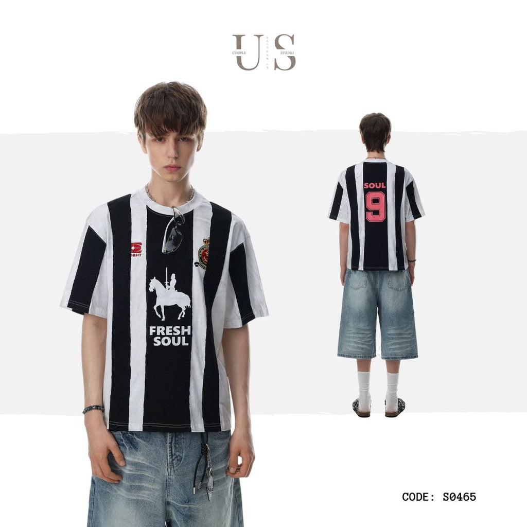 S0465 American striped equestrian print soccer jersey style short-sleeved T-shirt