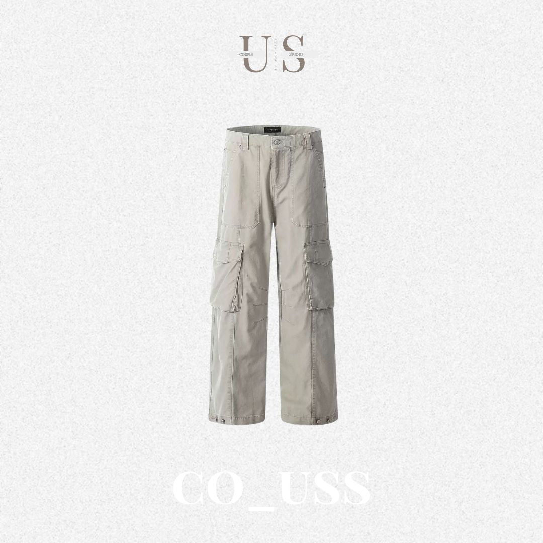 P0181 American Retro Washed Multi-Flap Pocket Pants Straight Cargo Pants
