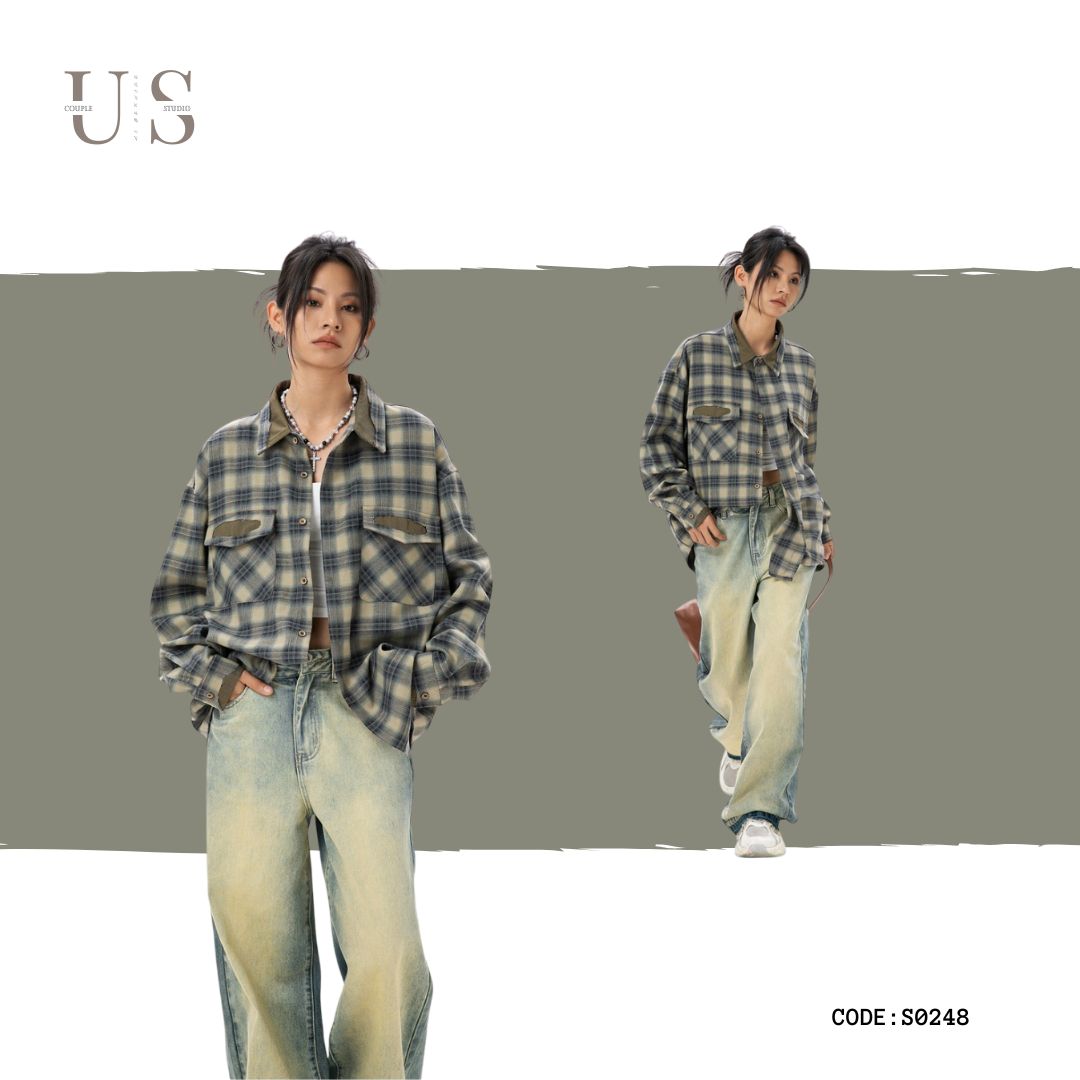 S0248 American trendy casual retro patchwork plaid long-sleeved shirt