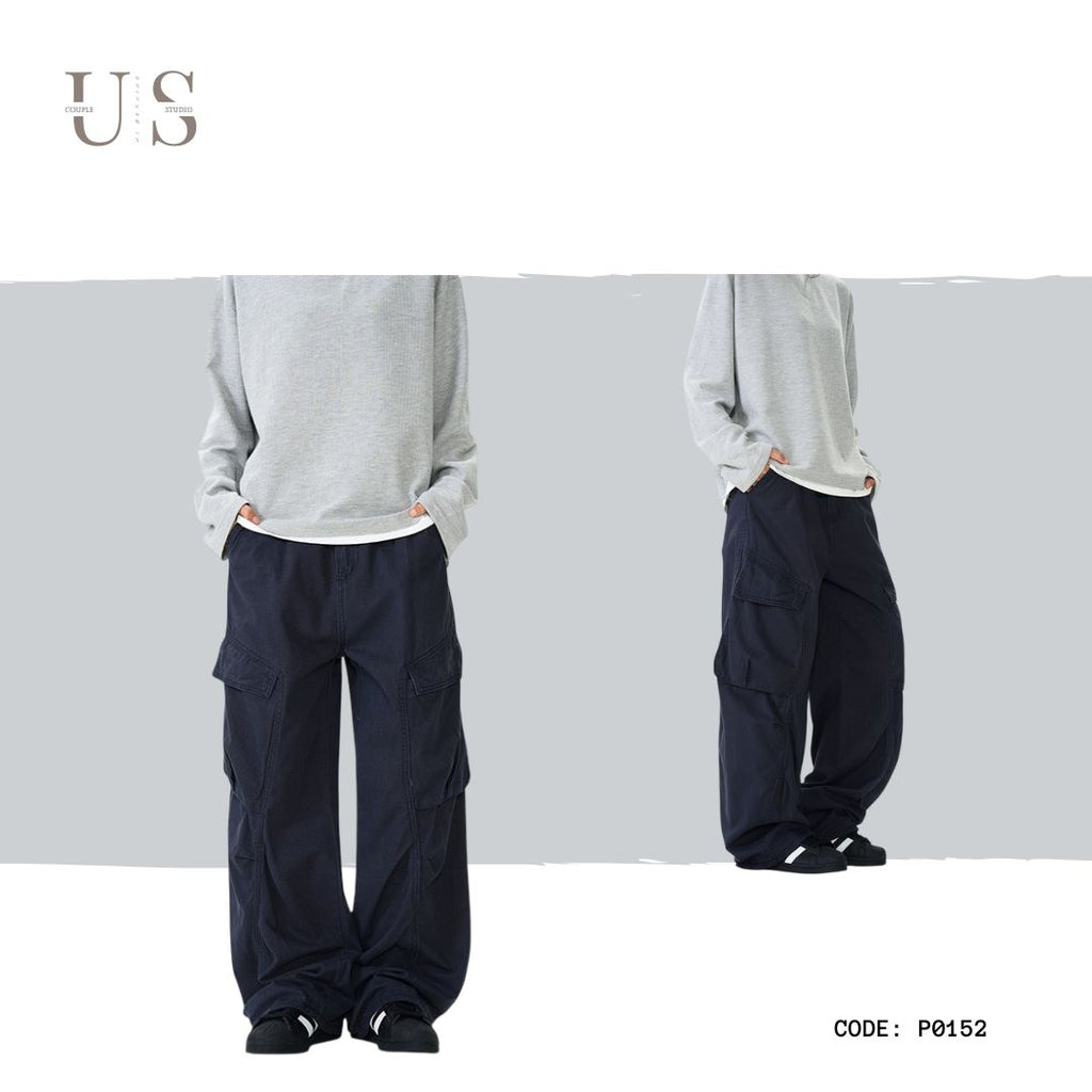 P0152 America Style Retro Washed Multi-Pocket Wide-Leg Casual Cargo Pants