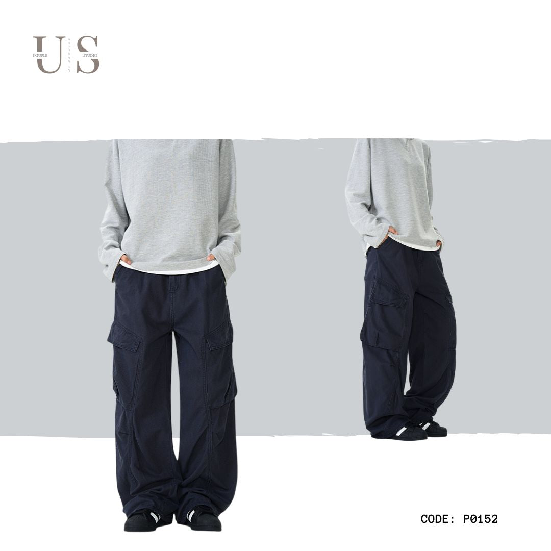 P0152 America Style Retro Washed Multi-Pocket Wide-Leg Casual Cargo Pants