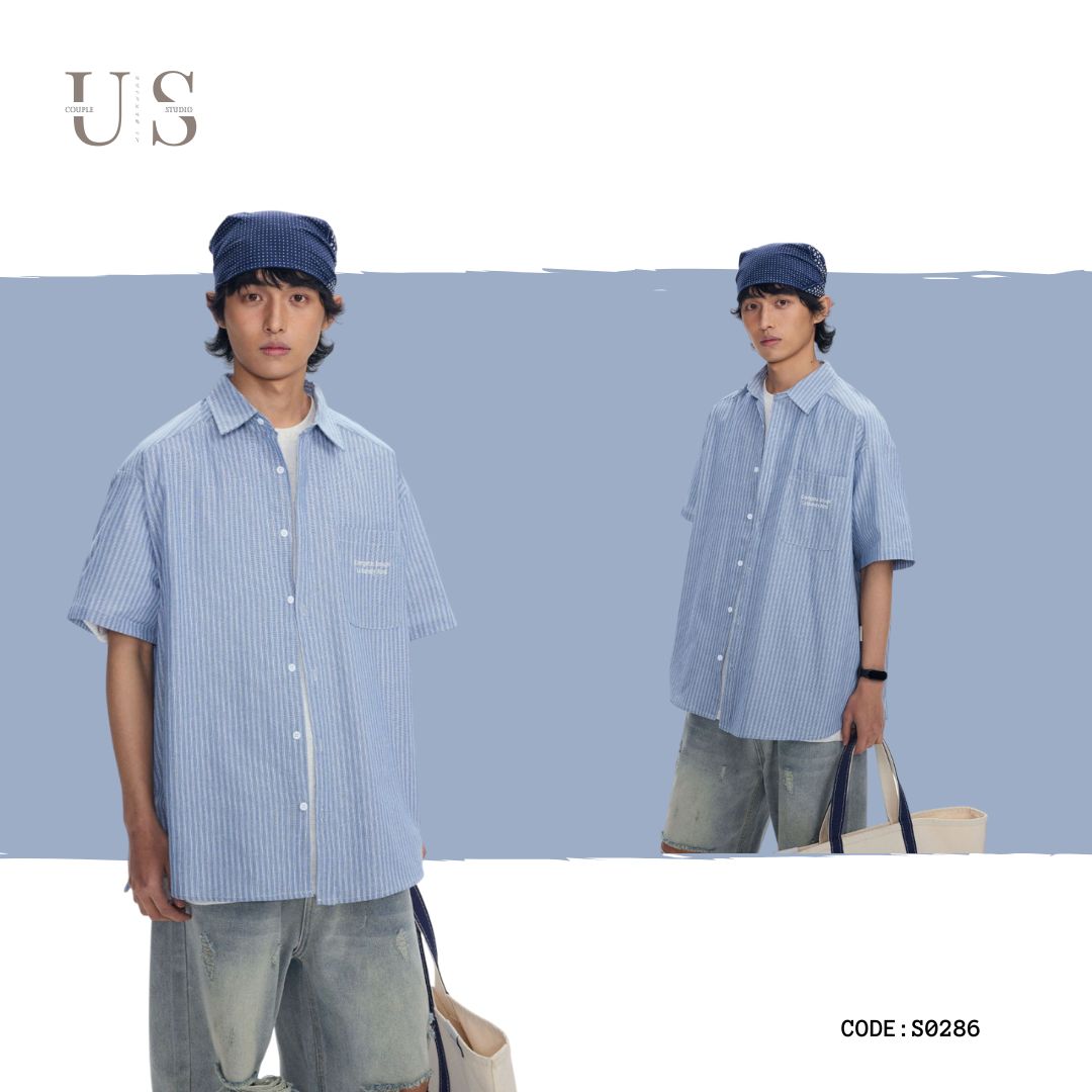 S0286 Japanese cityboy striped workwear short-sleeved shirt