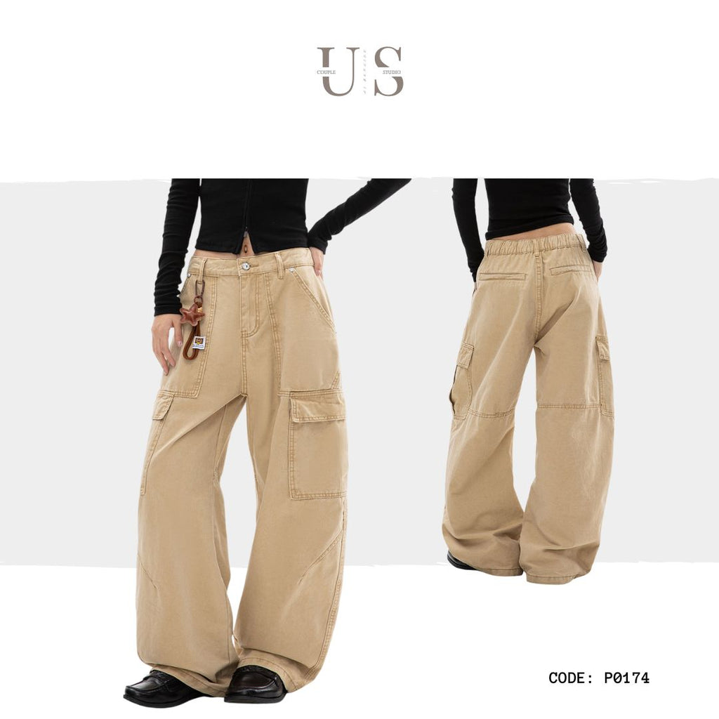 P0174 American pure cotton straight pocket overalls loose wide-leg casual jeans trend