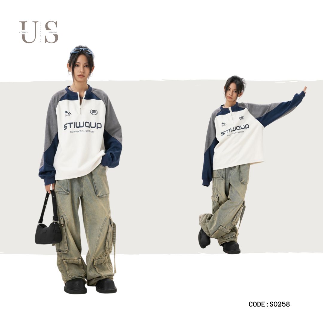 S0258 America retro sports campus style pullover loose round neck sweatshirt