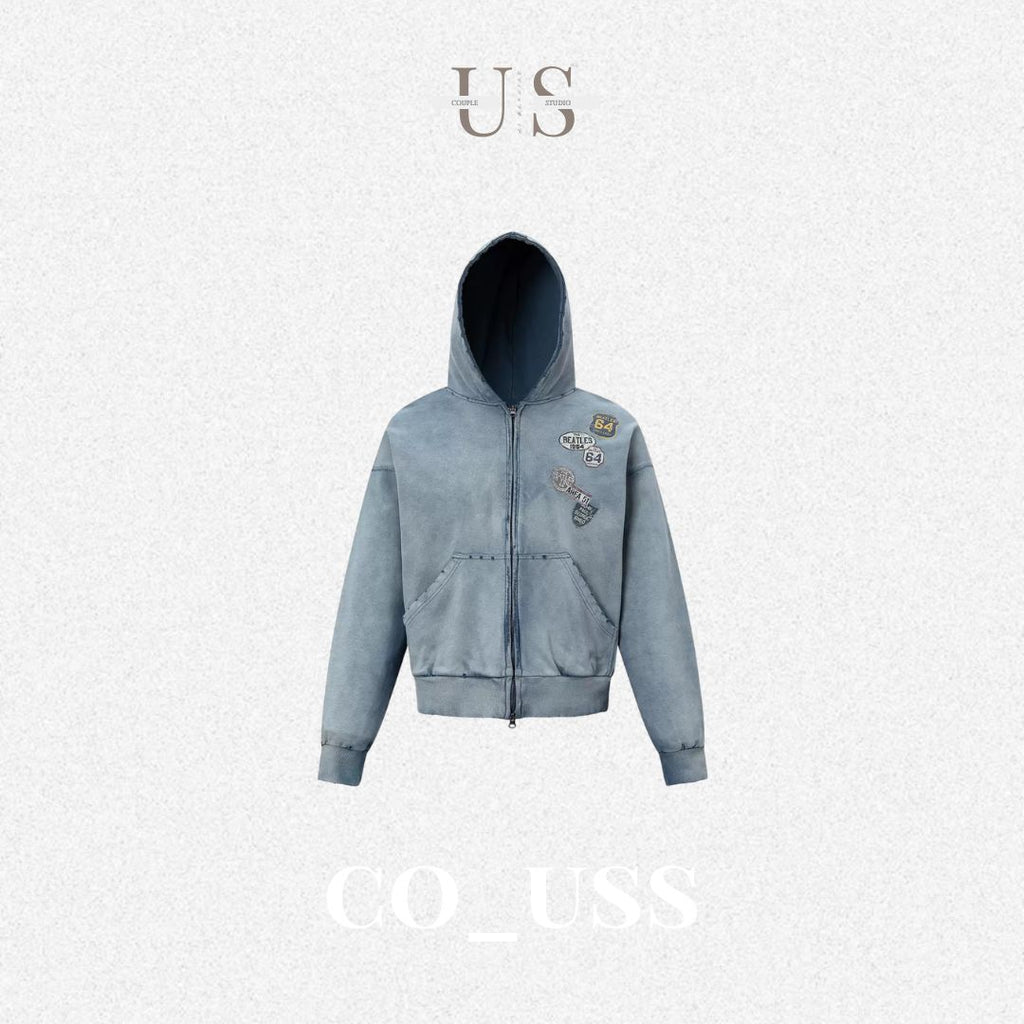 S0458 American Style Trendy Washed Distressed Print Design Short Wide Fit Men's Hooded Sweatshirt Jacket