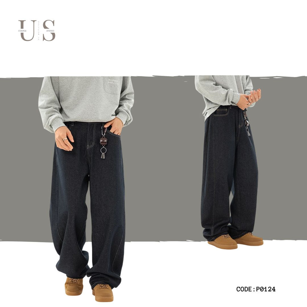 P0124 Japanese split silhouette retro straight loose denim trousers