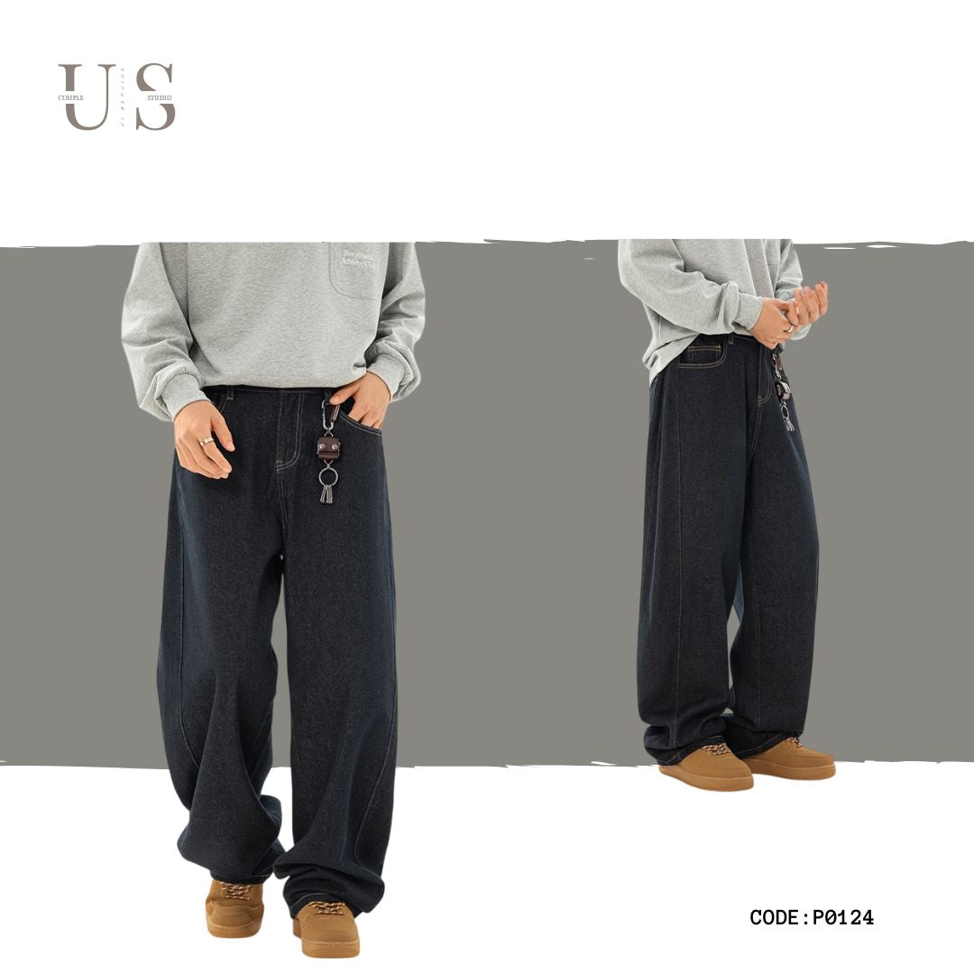 P0124 Japanese split silhouette retro straight loose denim trousers