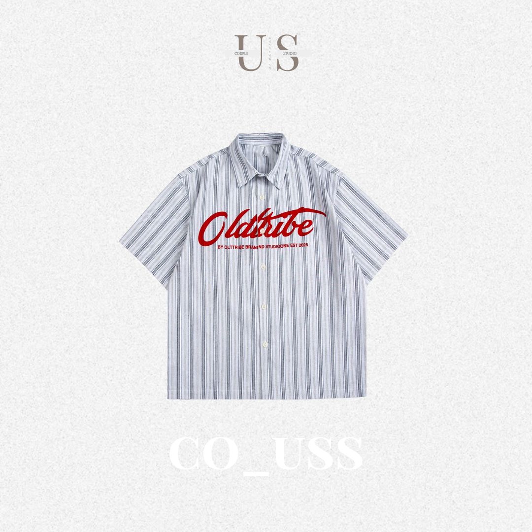 S0310 American retro letter print vertical stripes short-sleeved shirt