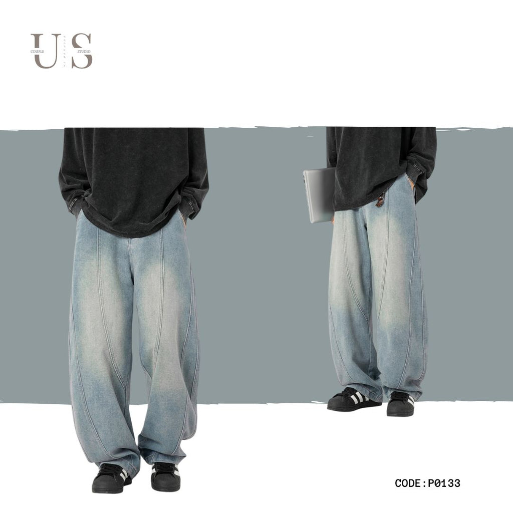 P0133 American retro washed split structure design scimitar loose denim trousers