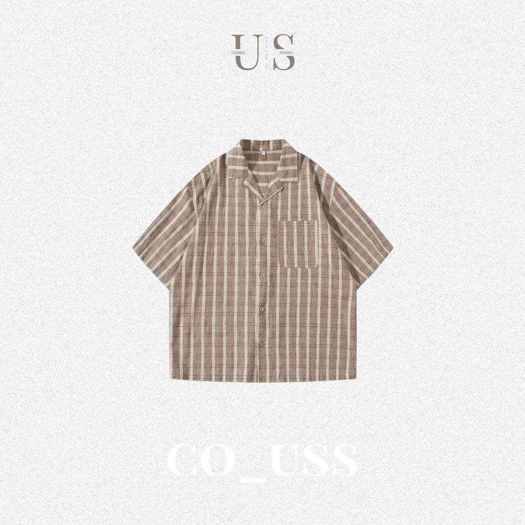 S0418 Japanese-style city boy oversized retro washed striped short-sleeved shirt