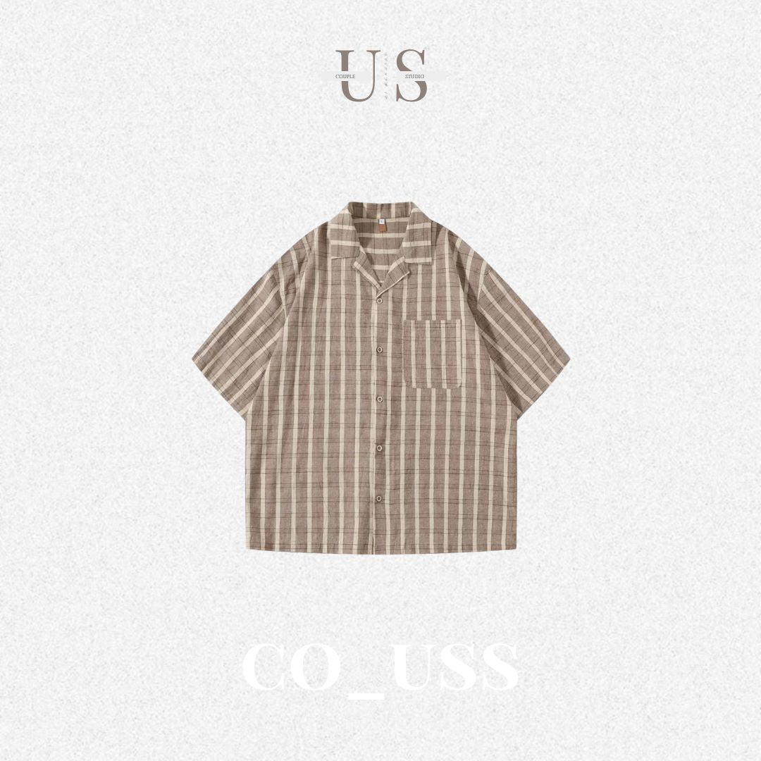 S0418 Japanese-style city boy oversized retro washed striped short-sleeved shirt