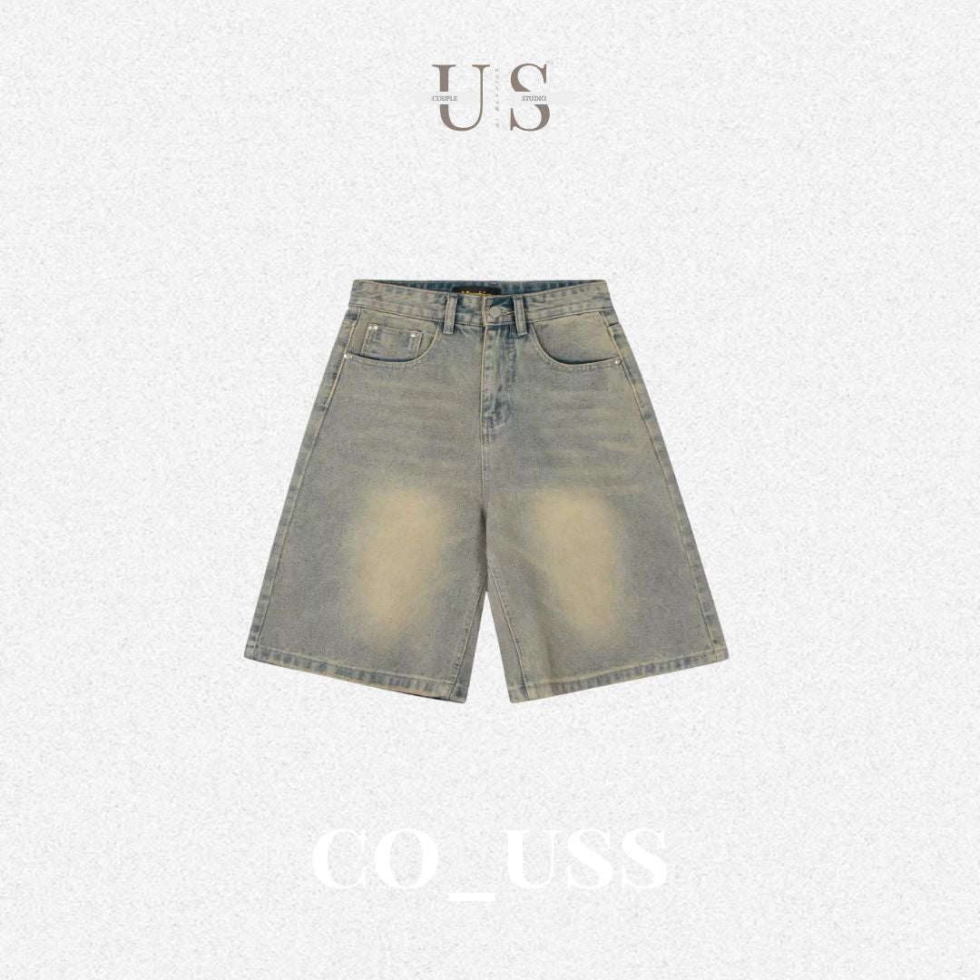 P0206 American retro washed distressed straight-leg cleanfit wide-leg denim shorts