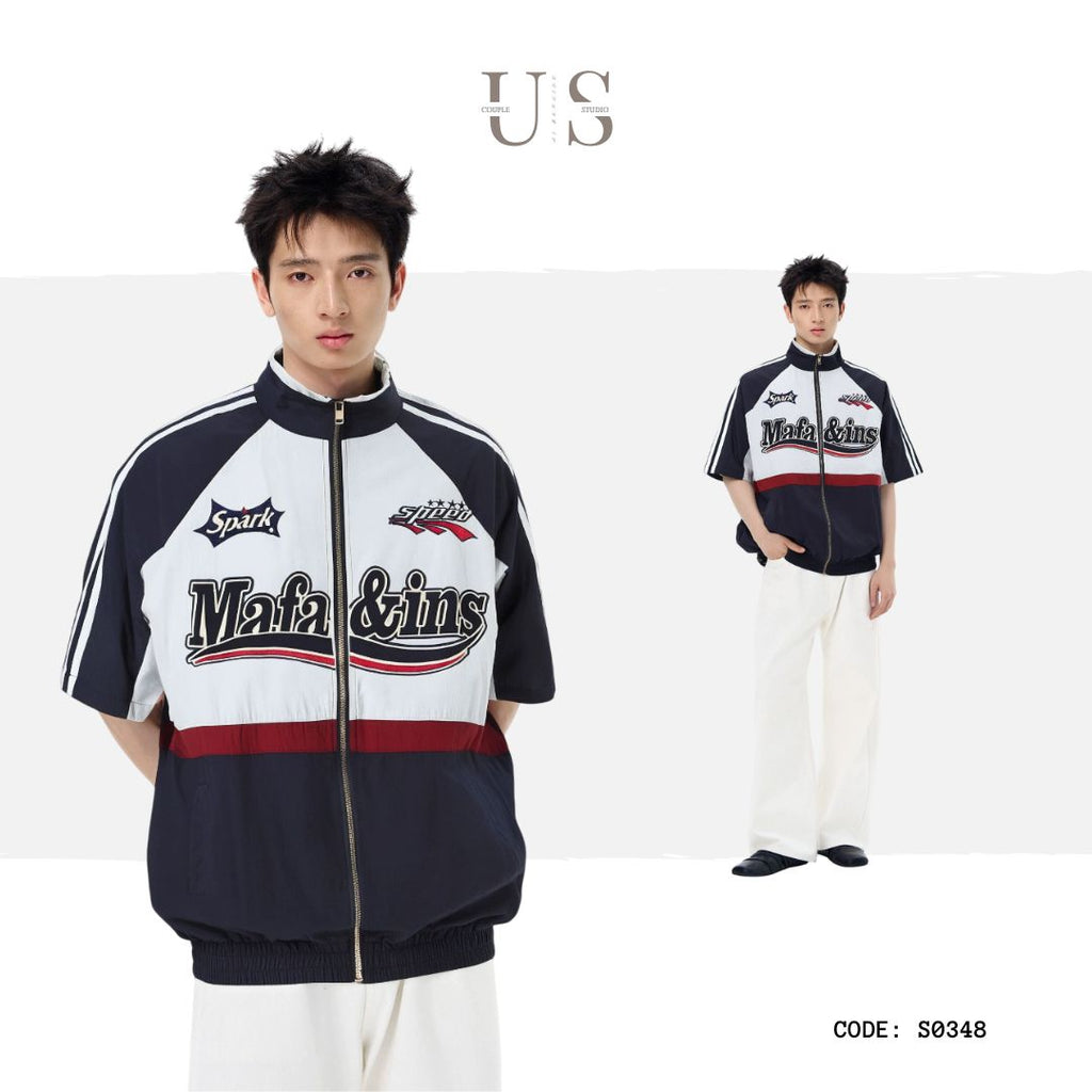 S0348 American Retro Embroidered Racing National Trend Brand Ins Hip-Hop Loose Stand Collar Zipper Short-Sleeve Shirt