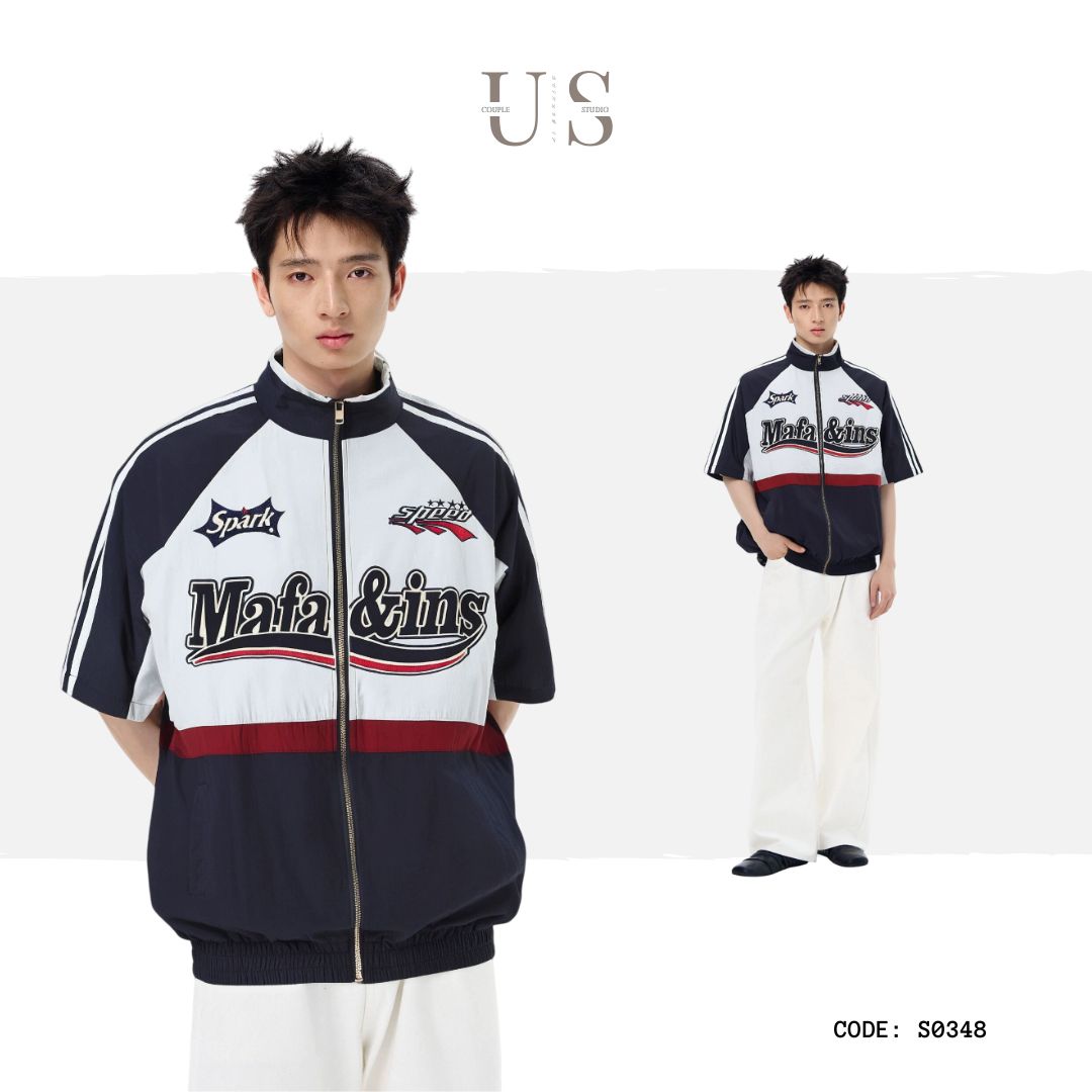 S0348 American Retro Embroidered Racing National Trend Brand Ins Hip-Hop Loose Stand Collar Zipper Short-Sleeve Shirt