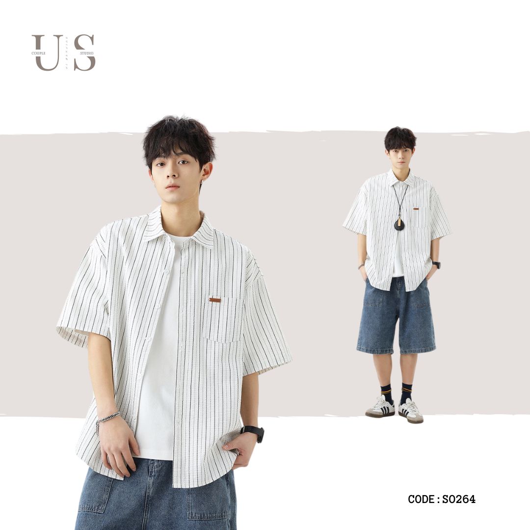 S0264 Hong Kong style textured slightly wrinkled contrasting striped short-sleeved shirt