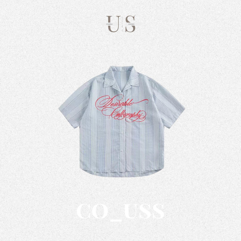 S0428 American-style vintage letter print striped short-sleeved shirt