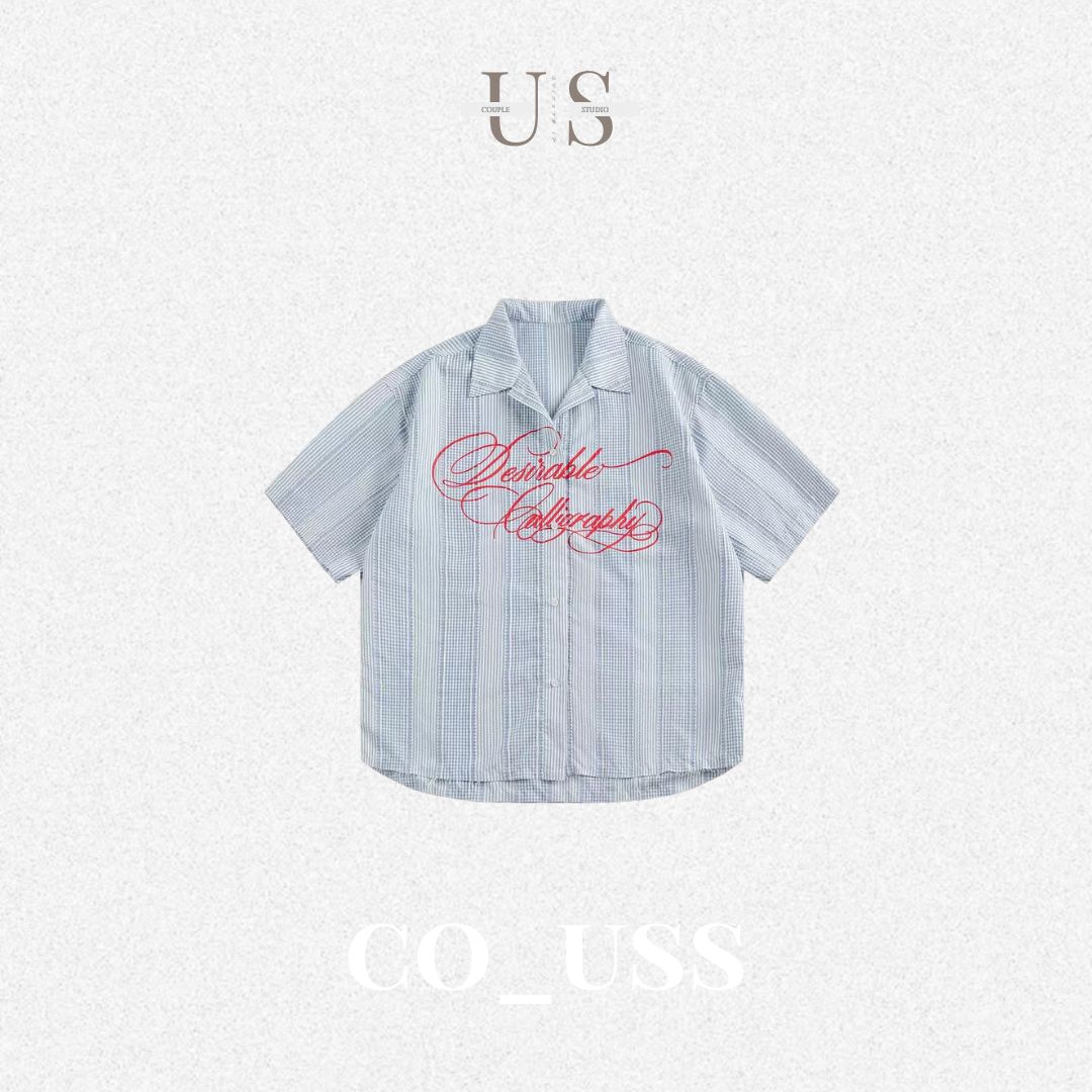 S0428 American-style vintage letter print striped short-sleeved shirt