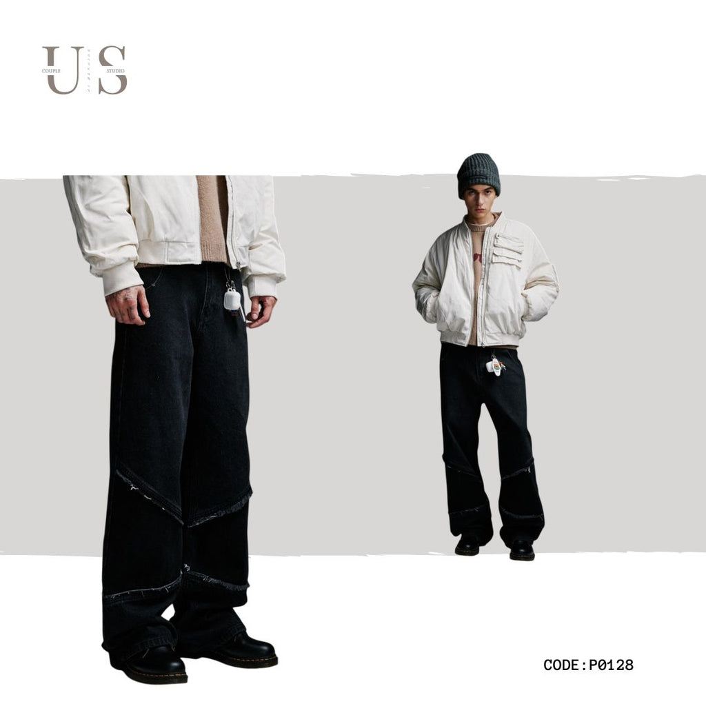 P0128 American retro black and spliced straight trousers logging pants