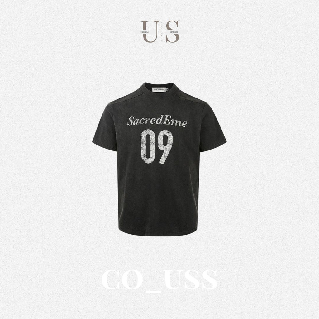 S0435 American Retro Washed Distressed Print Crew Neck Design Oversized Straight Shoulder Boxyfit Short Sleeve T-Shirt
