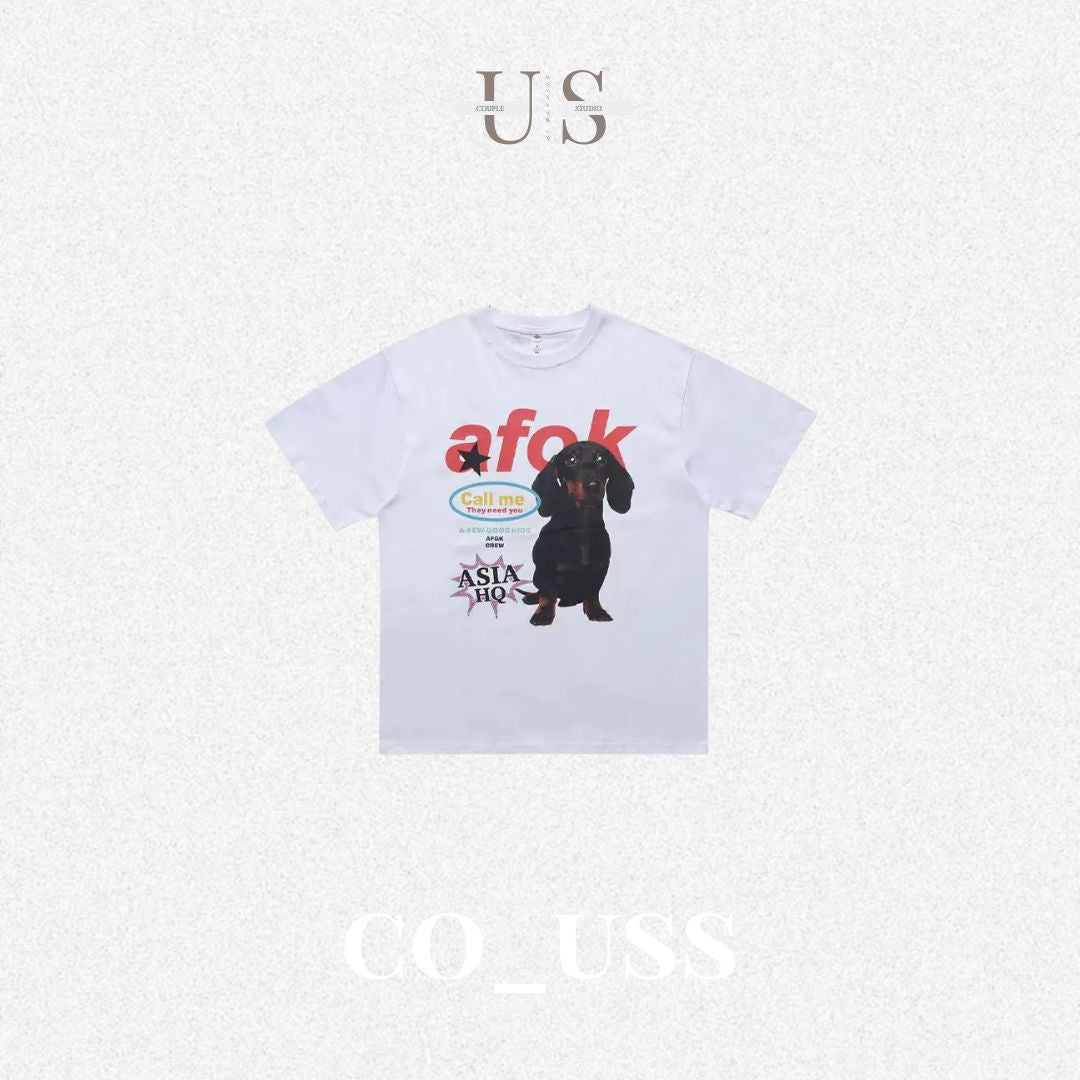 S0425 American streetwear brand, dachshund print oversize couple's T-shirt