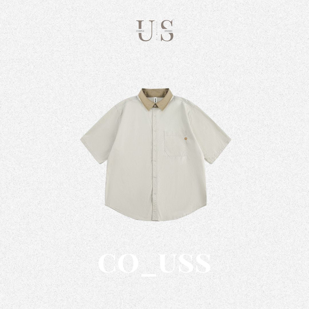 S0318 Japanese Retro Gender-neutral Style Contrast Pocket Lapel Shirt