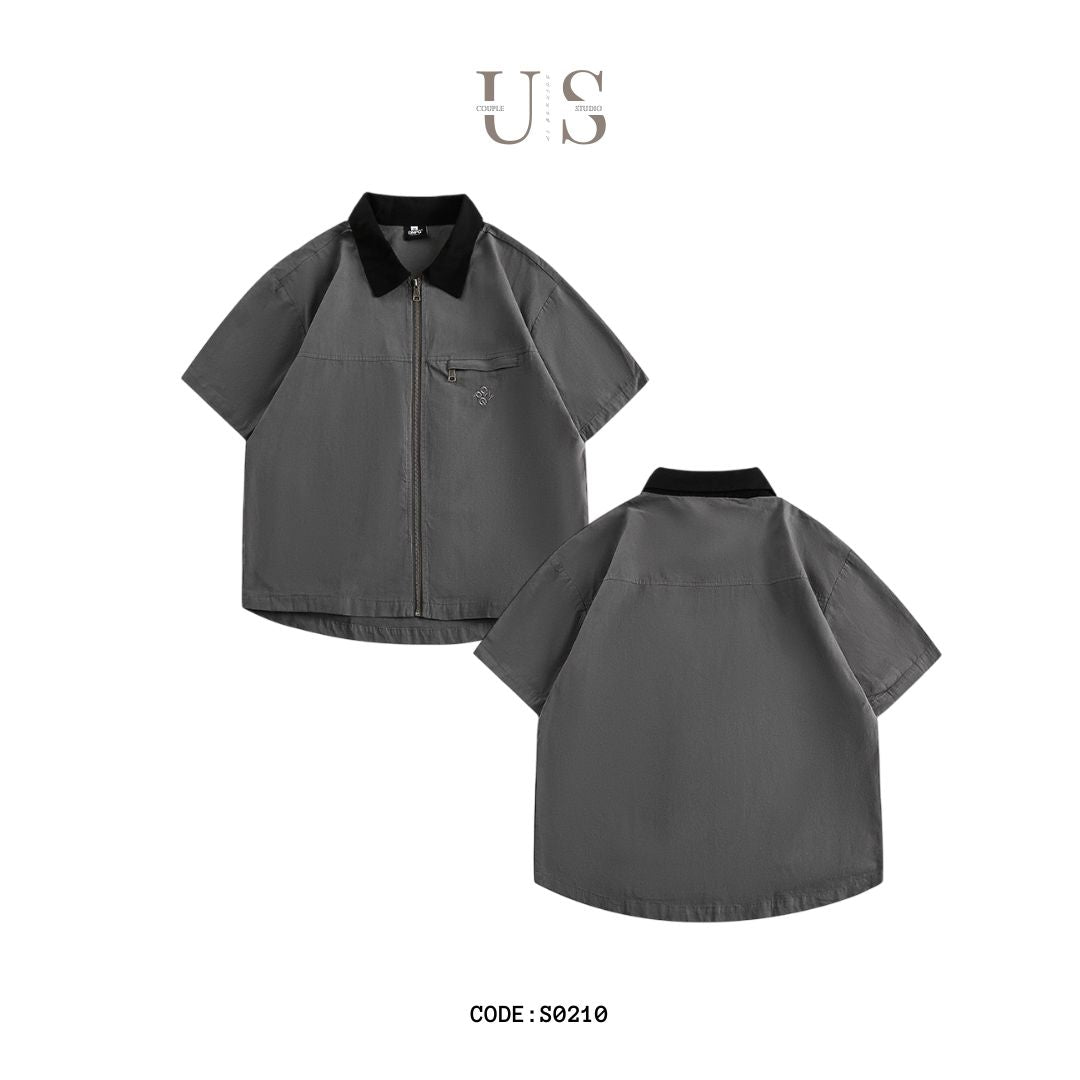 S0210 Japanese style Vintage contrast collar pocket decorated short-sleeved shirt