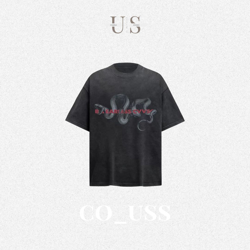 S0365 American Retro Washed Distressed Python Print Short-Sleeved T-Shirt