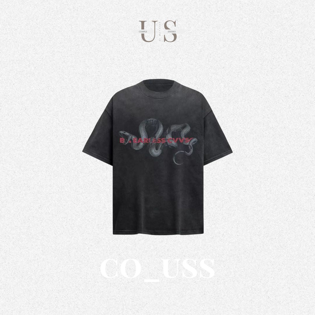 S0365 American Retro Washed Distressed Python Print Short-Sleeved T-Shirt