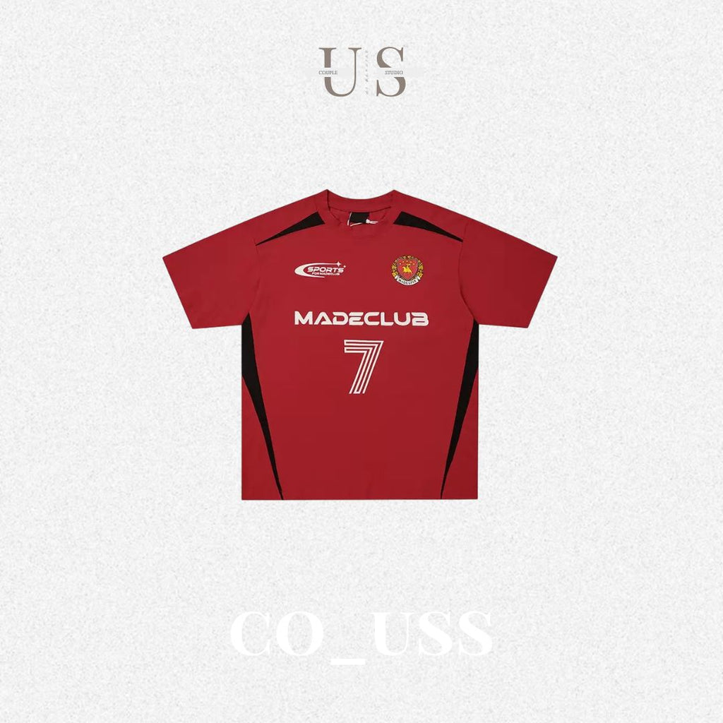 S0467 American street style color-blocked patchwork number and letter badge print crew neck short-sleeved T-shirt