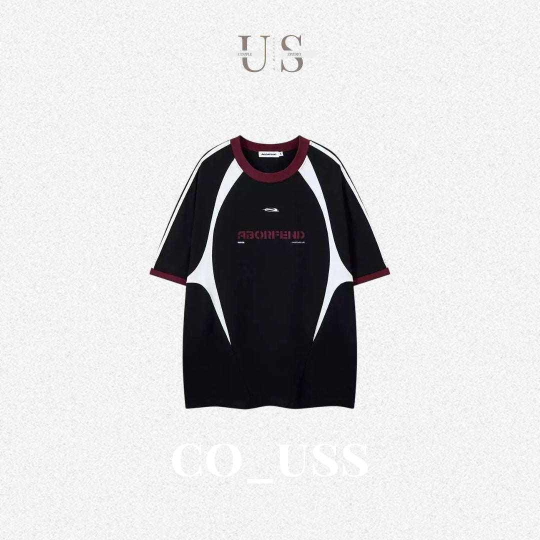 S0395 American retro letter print color-blocked short-sleeved T-shirt