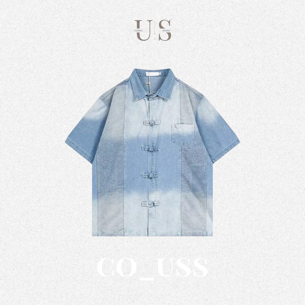 S0410 New Chinese Style Button-Up Denim Short-Sleeve Shirt