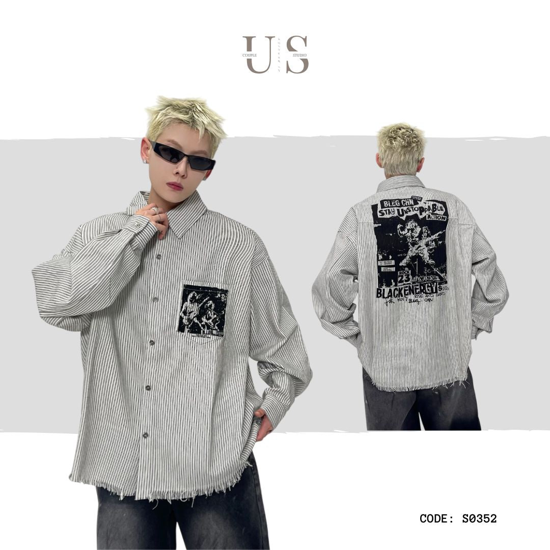 S0352 American retro abstract print striped long-sleeved shirt