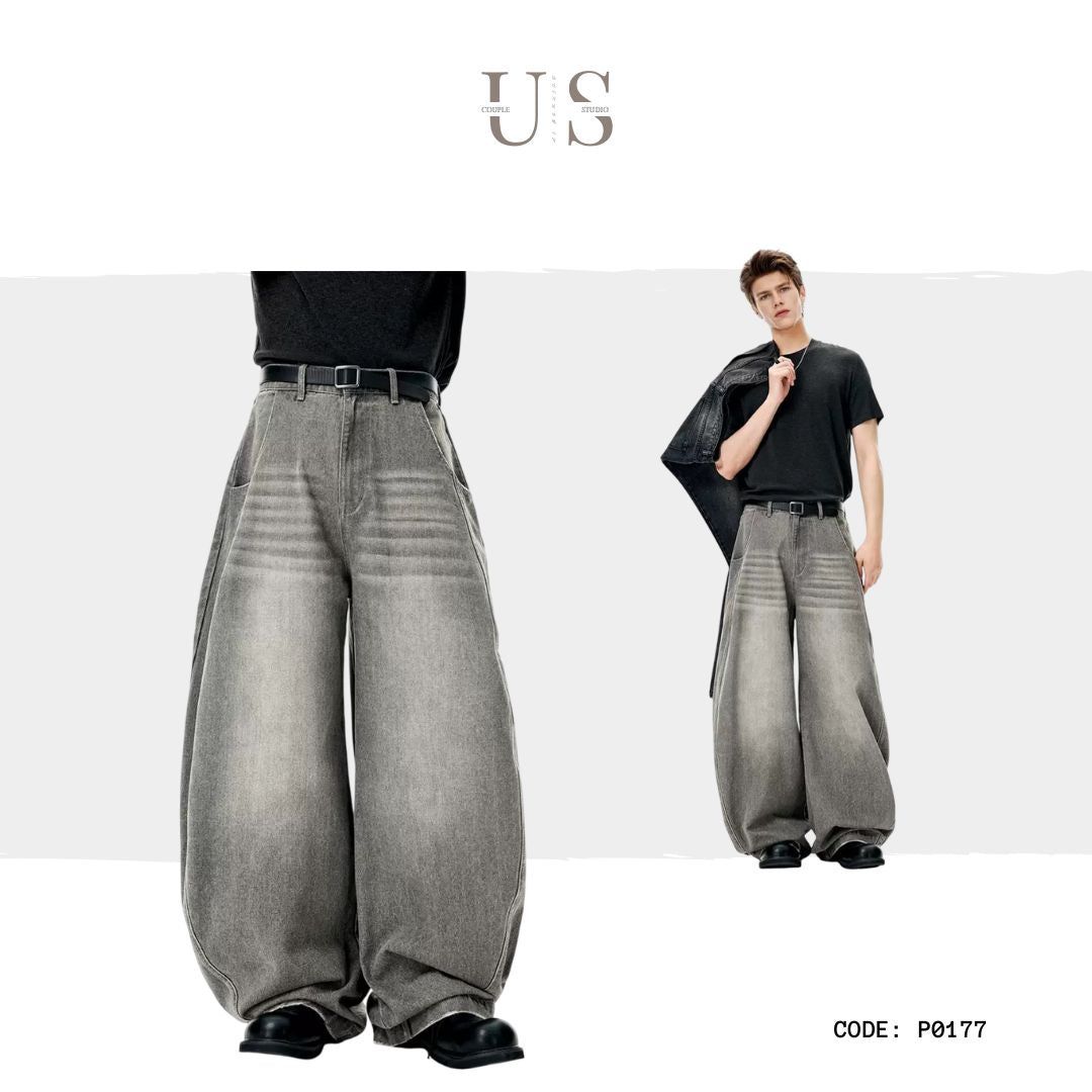 P0177 American street style baggy sickle wide leg outline washed denim scimitar pants