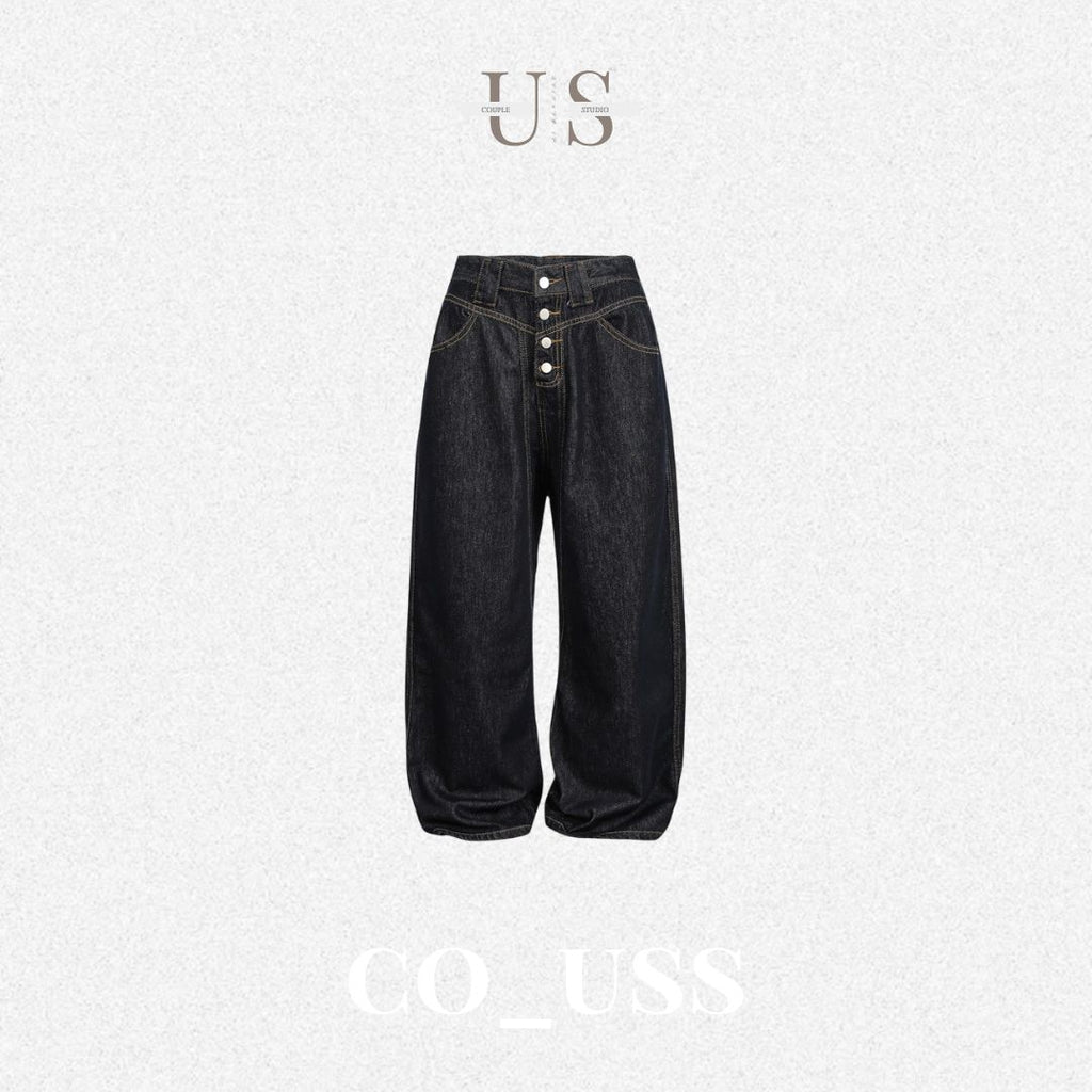 P0180 American retro button-down straight wide-leg black jeans