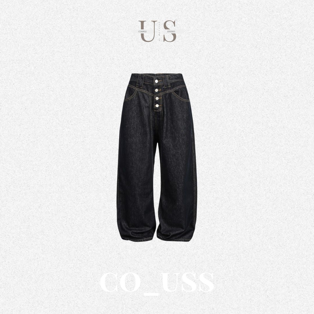 P0180 American retro button-down straight wide-leg black jeans