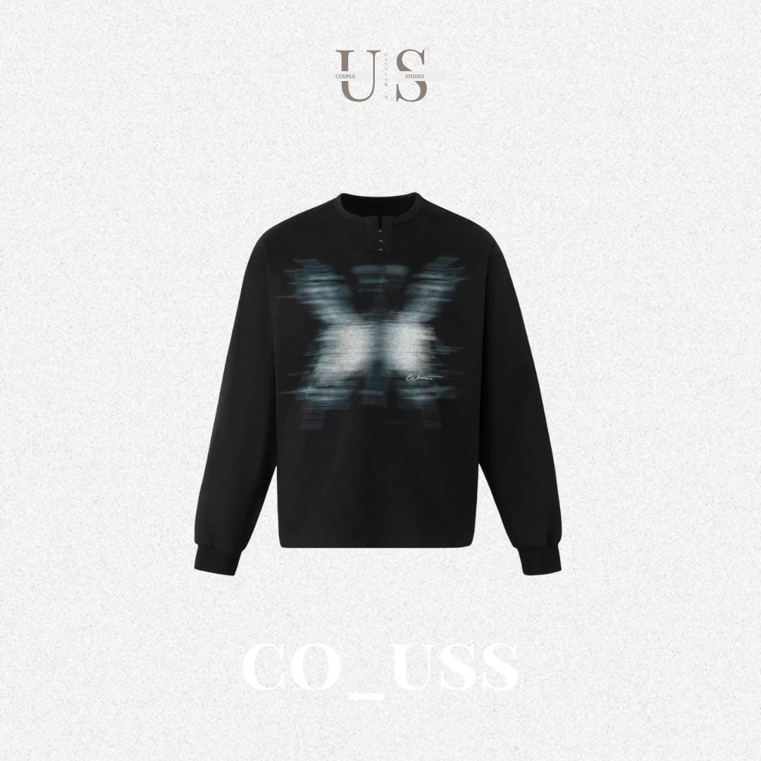 S0486 American-style blurred-print Henley-collar pullover sweatshirt