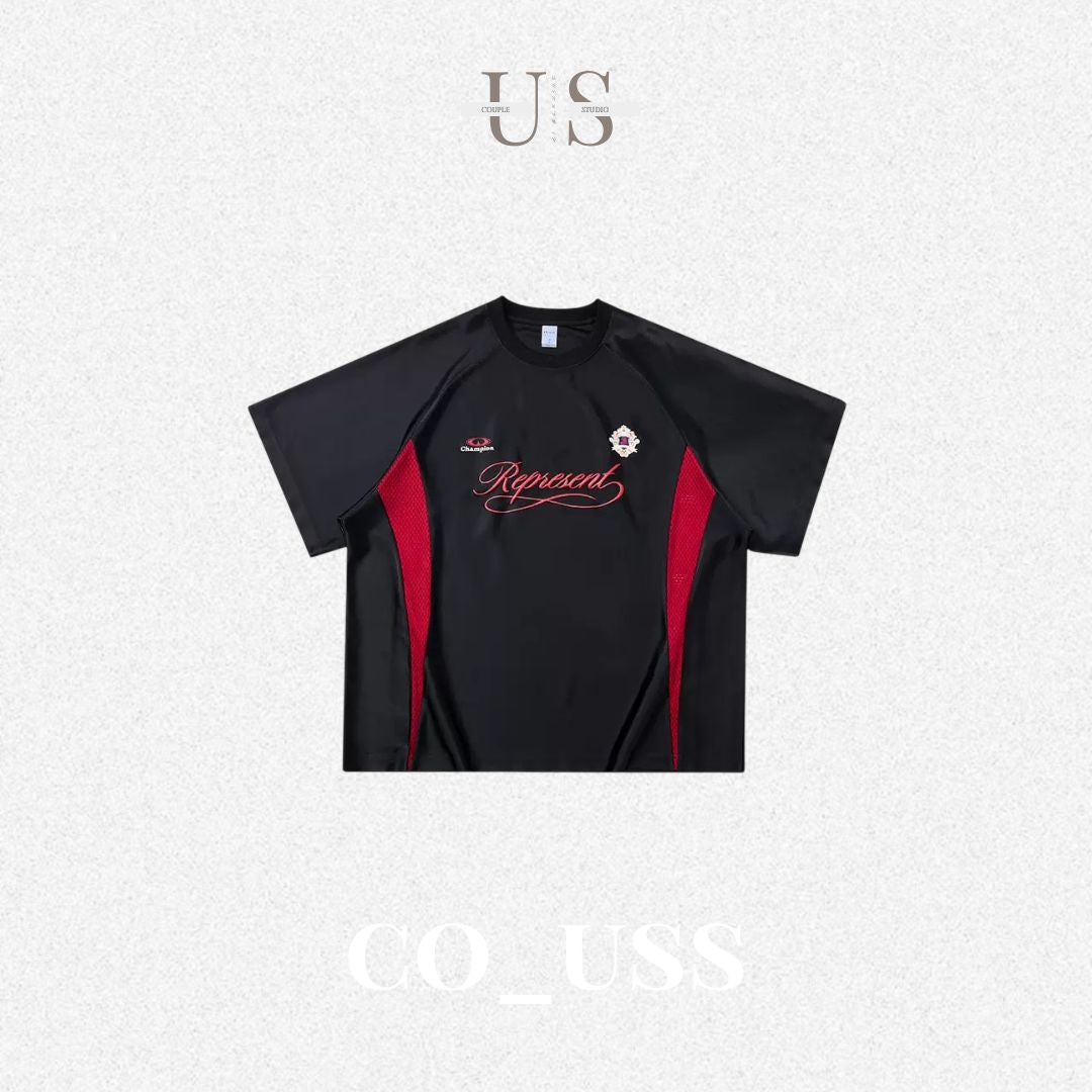 S0455 American-style color-blocked retro sports jersey T-shirt
