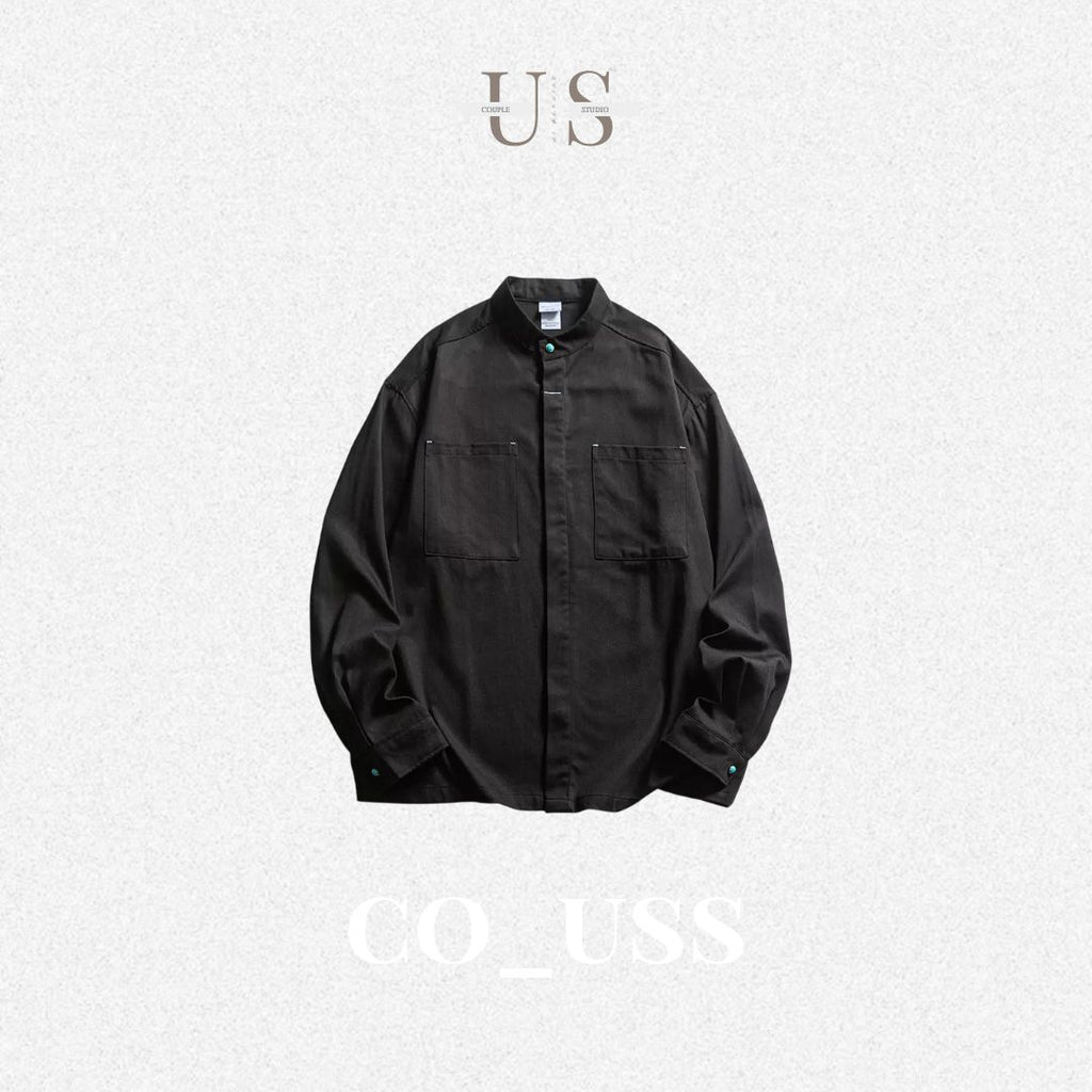 S0372 American Cargo Stand Collar Long Sleeve Shirt Available: Black | Beige | Brown