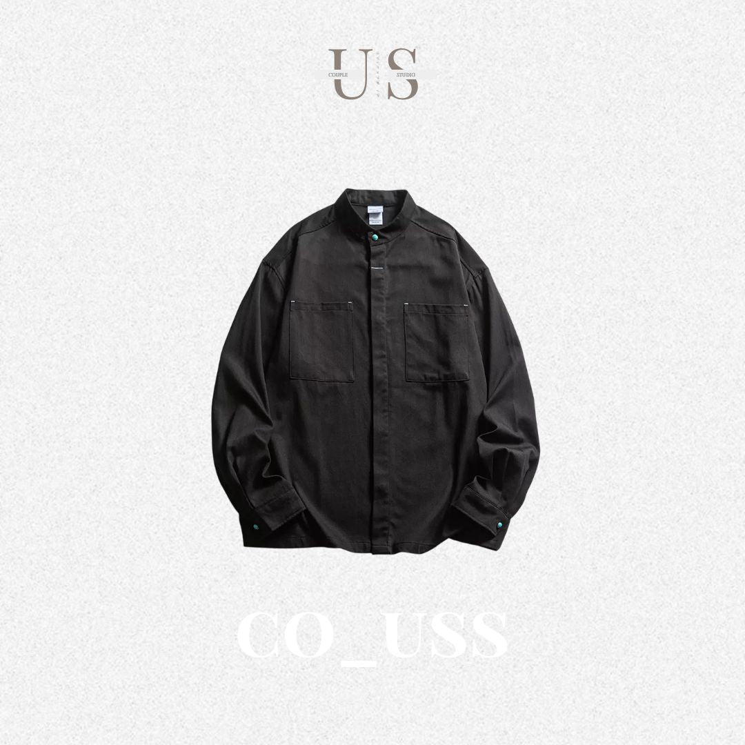 S0372 American Cargo Stand Collar Long Sleeve Shirt Available: Black | Beige | Brown