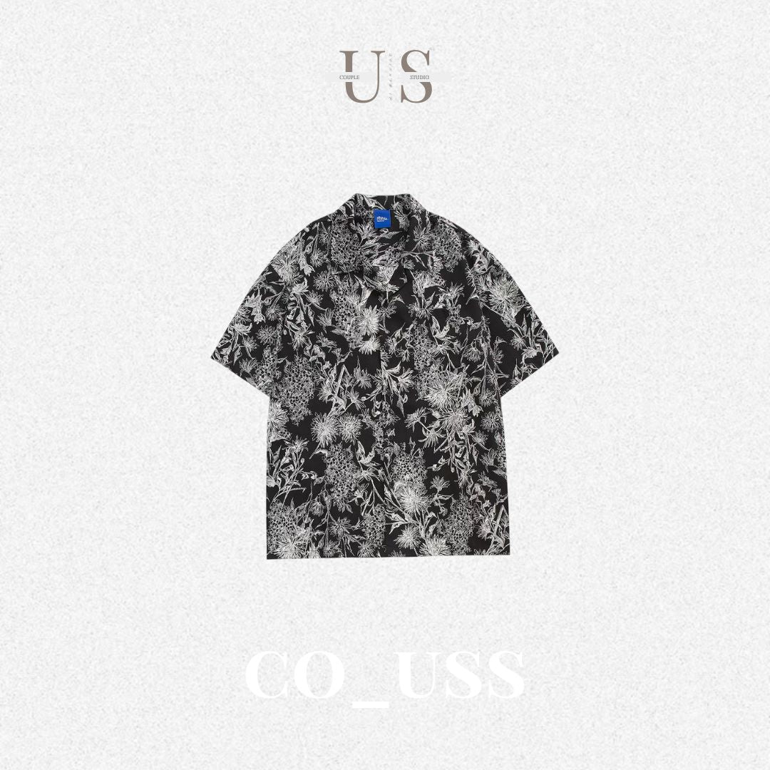 S0390 Chinese Retro Floral Print Trendy Short-Sleeve Cuban Collar Shirt