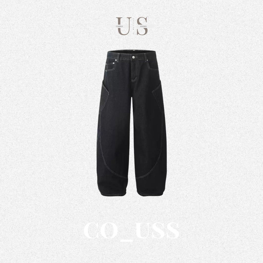 P0214 American retro street style wide-leg curved cutout design jeans