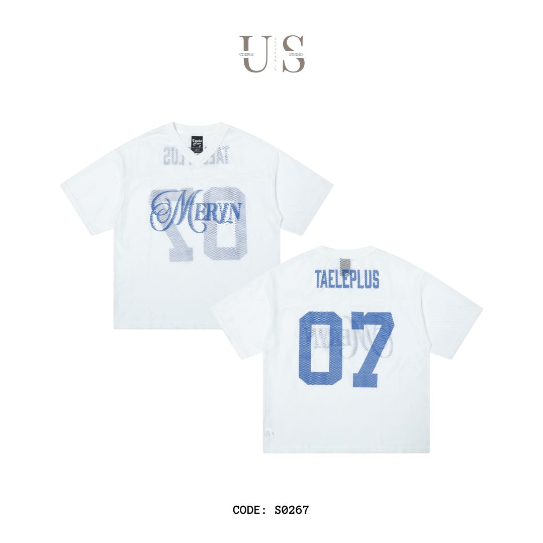 S0267 American retro mesh print jersey V-neck short-sleeved T-shirt