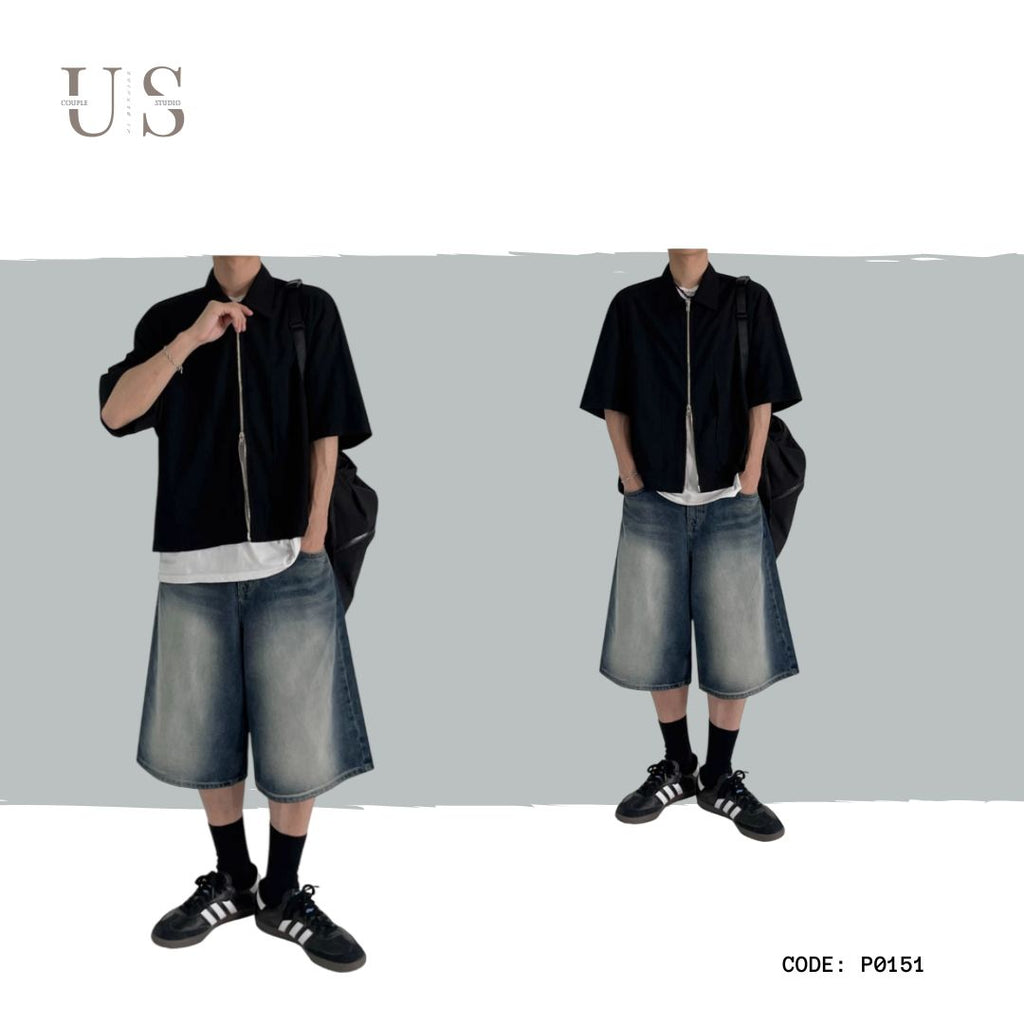 P0151 American Retro Washed Loose Casual Mid-Length Denim Pants