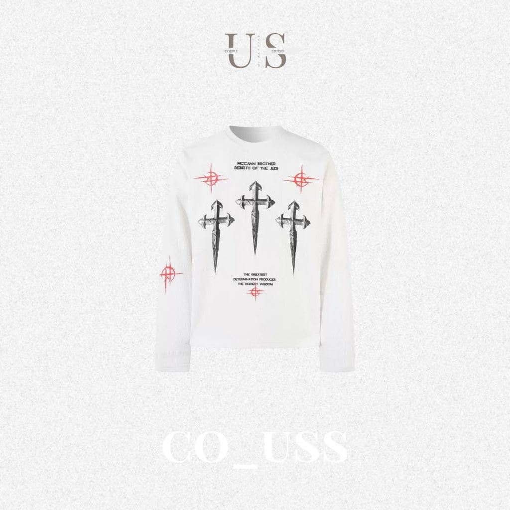 S0380 American Street Hip Hop Trendy Brand Cultural Shirt Dark Cross T-Shirt Long Sleeve
