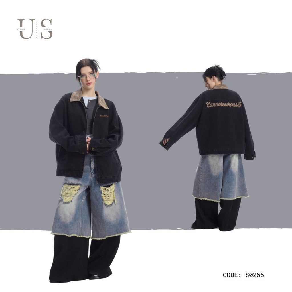 S0266 American retro heavy washed black Detroit jacket