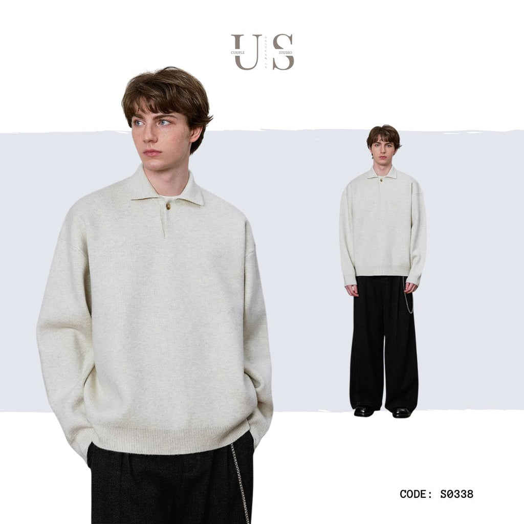 S0338 CSMY Trendy Solid Color Casual High Density Thick Loose Old Money Style Knitted Long-Sleeve Polo Shirt
